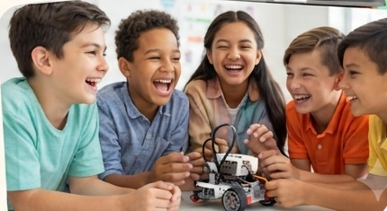 Group of kids building a robot together